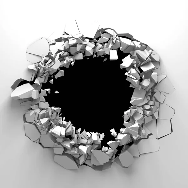 Dark destruction cracked hole in white stone wall — Stock Photo, Image