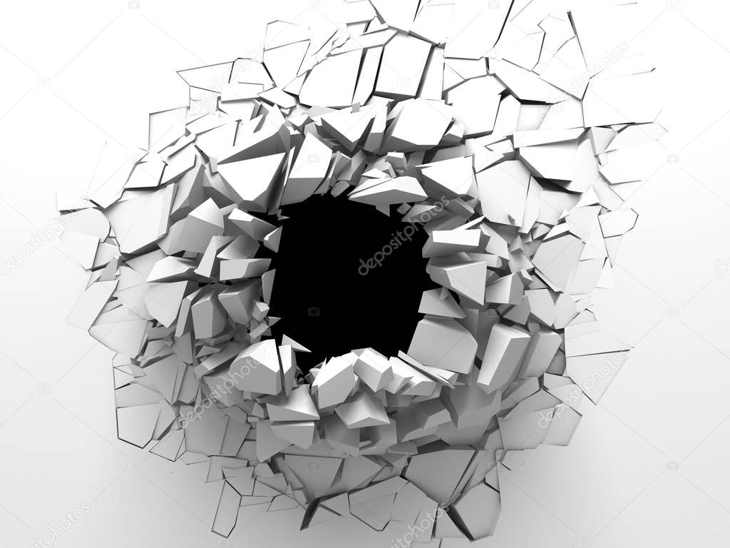 Dark destruction cracked hole in white stone wall