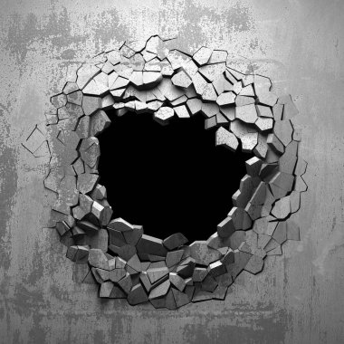 Dark cracked broken hole in concrete wall clipart