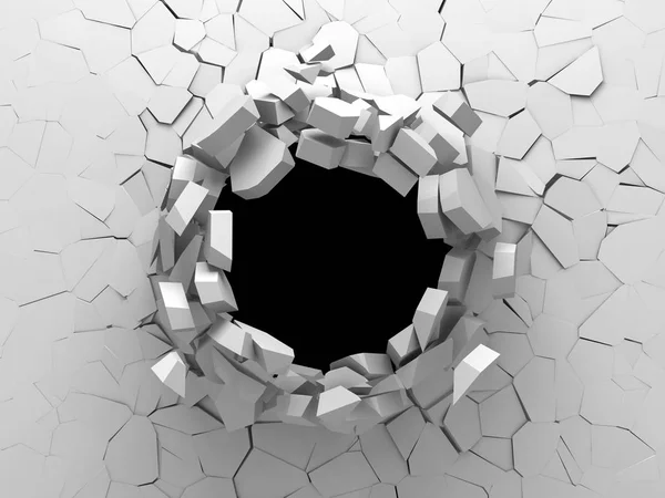 Dunkle Zerstörung riss Loch in weiße Steinmauer — Stockfoto