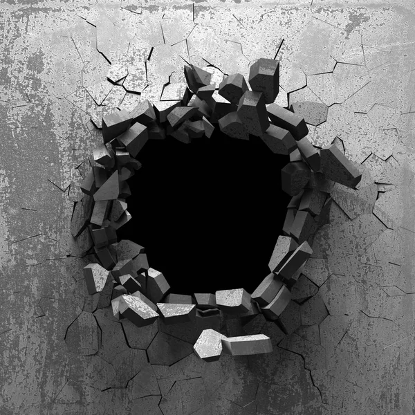 Dark cracked broken hole in concrete wall