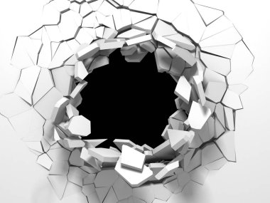 Dark destruction cracked hole in white stone wall clipart