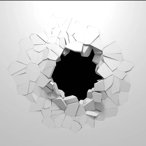 Dark destruction cracked hole in white stone wall — Stock Photo, Image