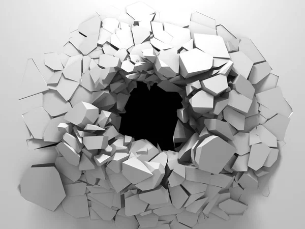 Destrucción oscura agujero agrietado en pared de piedra blanca — Foto de Stock