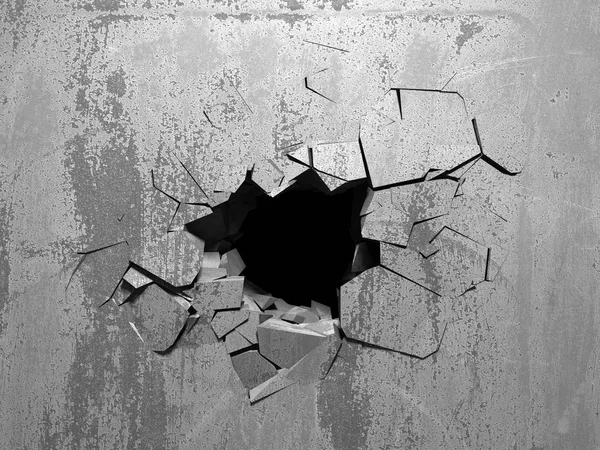 Tmavě popraskané rozbité díry v betonové zdi — Stock fotografie
