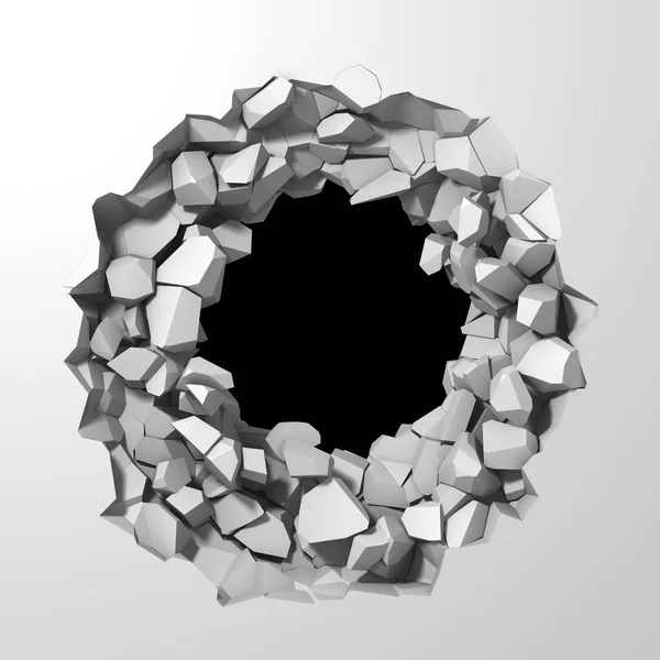 Mörka förstörelse knäckt hål i vit sten vägg — Stockfoto