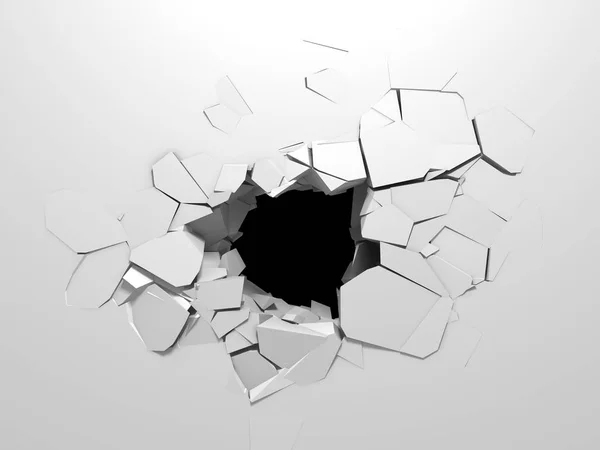 Dark destruction cracked hole in white stone wall — Stock Photo, Image