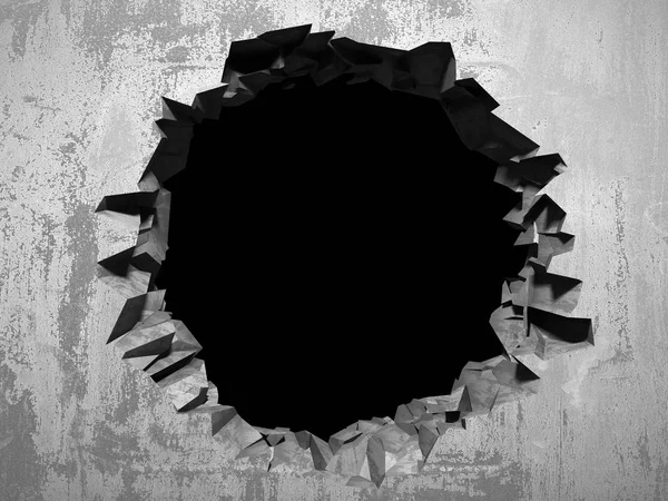 Buco rotto incrinato scuro nel muro di cemento — Foto Stock