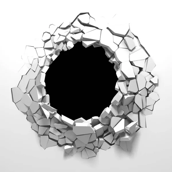 Dark destruction cracked hole in white stone wall — Stock Photo, Image