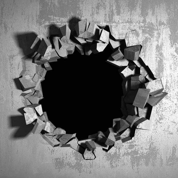 Σκούρο ραγισμένα θραύσματα τρύπα στο τσιμεντένιο τοίχο — Φωτογραφία Αρχείου
