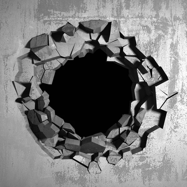 Donkere gebarsten gebroken gat in de betonnen muur — Stockfoto