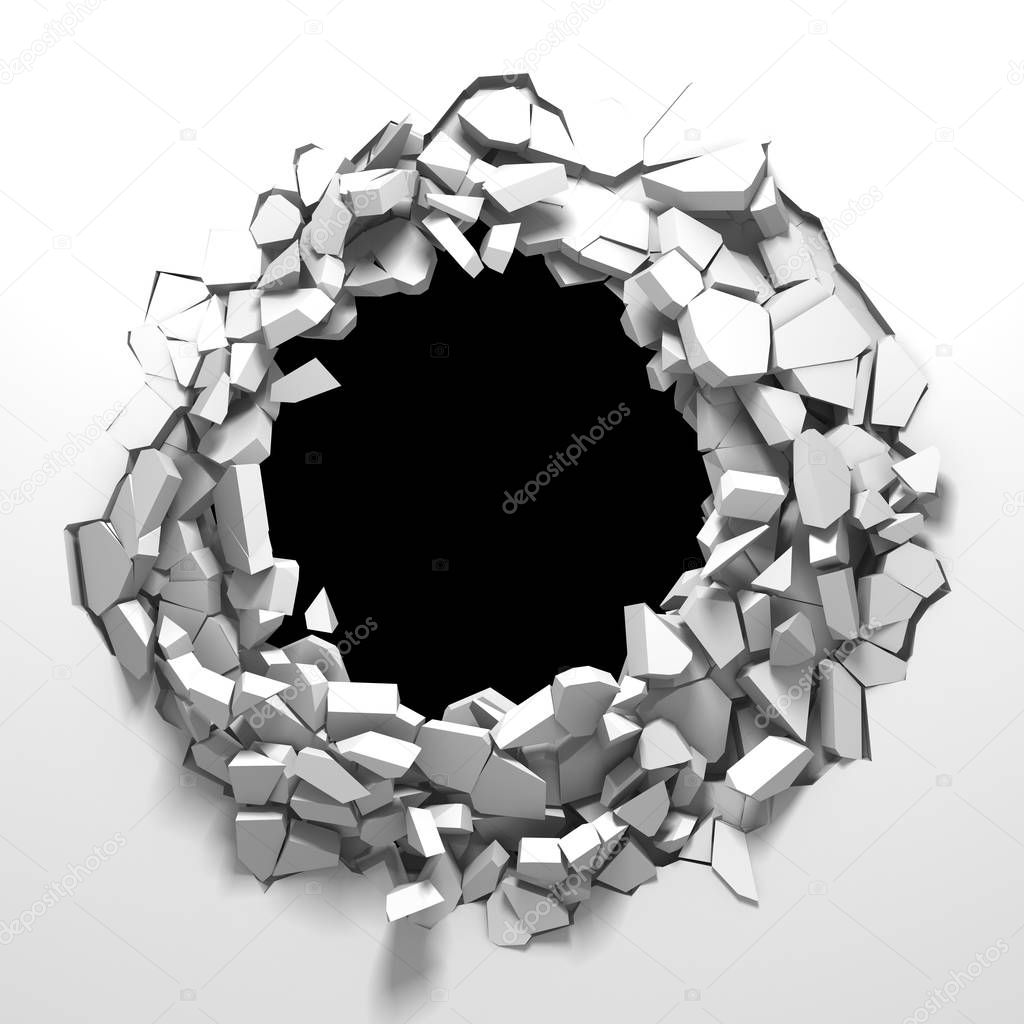 Dark destruction cracked hole in white stone wall