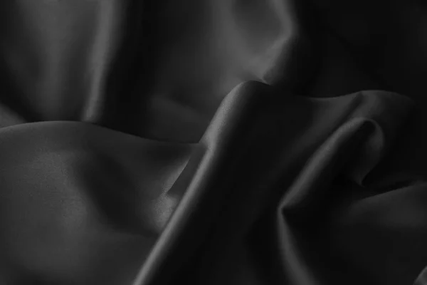 Luxus fekete hullámos, fodrozott fényes selyem drapéria szövet szövet — Stock Fotó