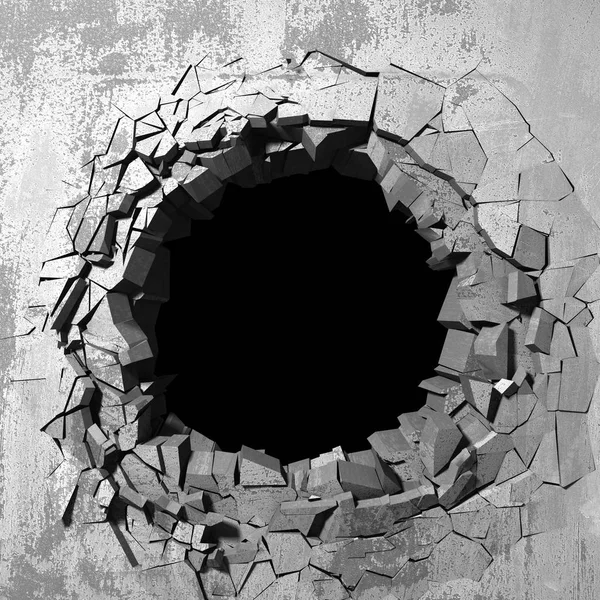 Mörka knäckt trasiga hål i betongvägg — Stockfoto
