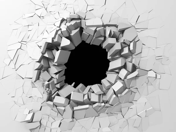 Dark destruction cracked hole in white stone wall — Stock Photo, Image