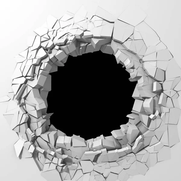 Destrucción oscura agujero agrietado en pared de piedra blanca — Foto de Stock