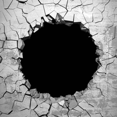 Dark destruction cracked hole in white stone wall clipart