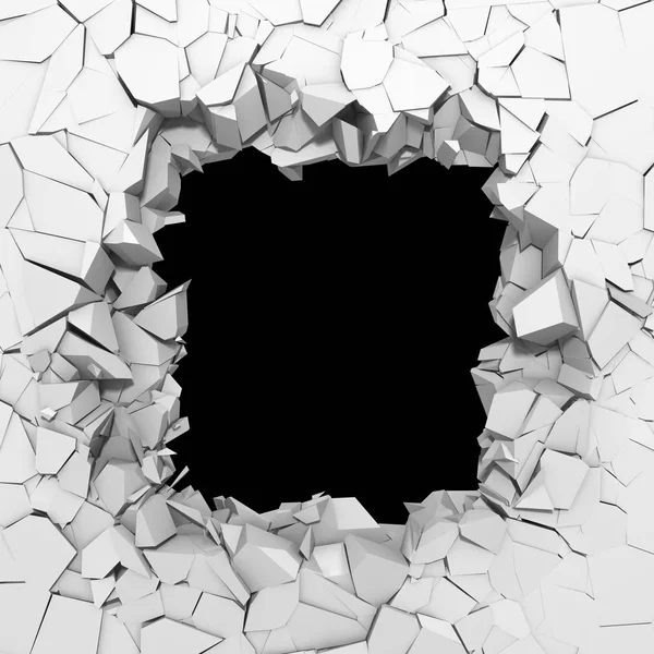 Destrucción oscura agujero agrietado en pared de piedra blanca —  Fotos de Stock