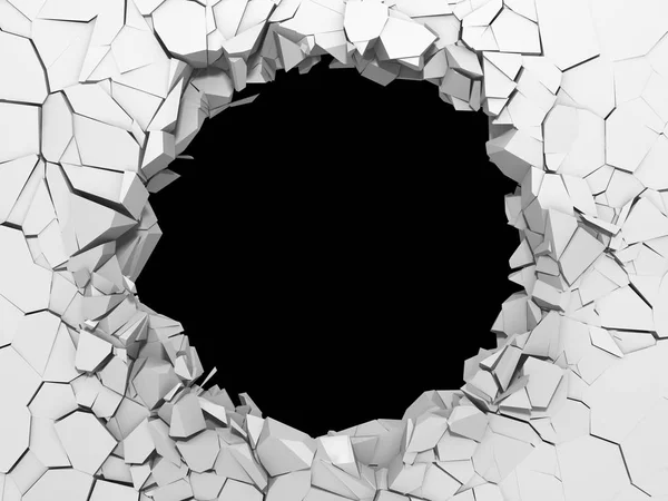 Dark destruction cracked hole in white stone wall — Stock Photo, Image
