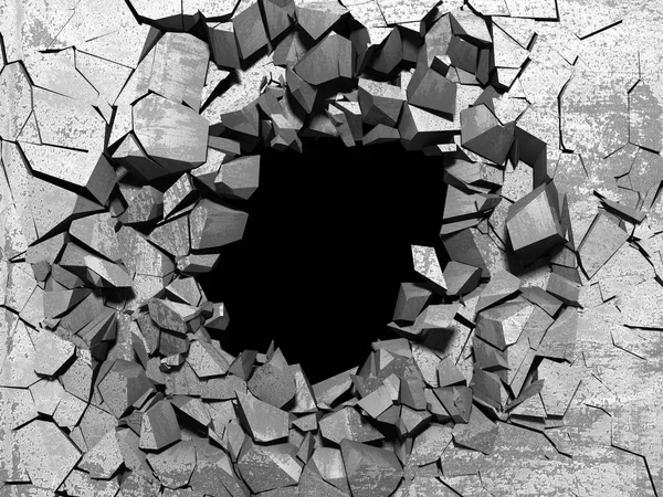 Agujero roto agrietado oscuro en pared de hormigón — Foto de Stock