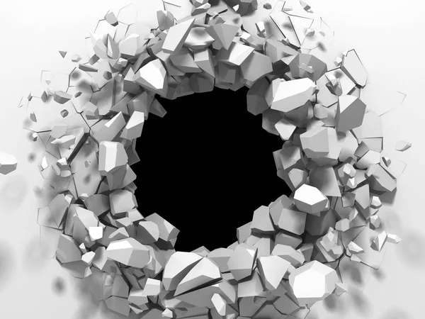Σκοτεινή καταστροφή ραγισμένα τρύπα στο λευκό πέτρινο τοίχο — Φωτογραφία Αρχείου