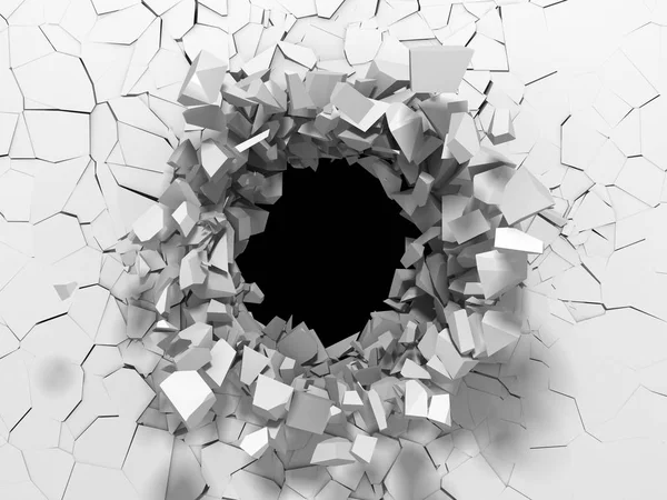 Dark destruction cracked hole in white stone wall — Stock Photo, Image