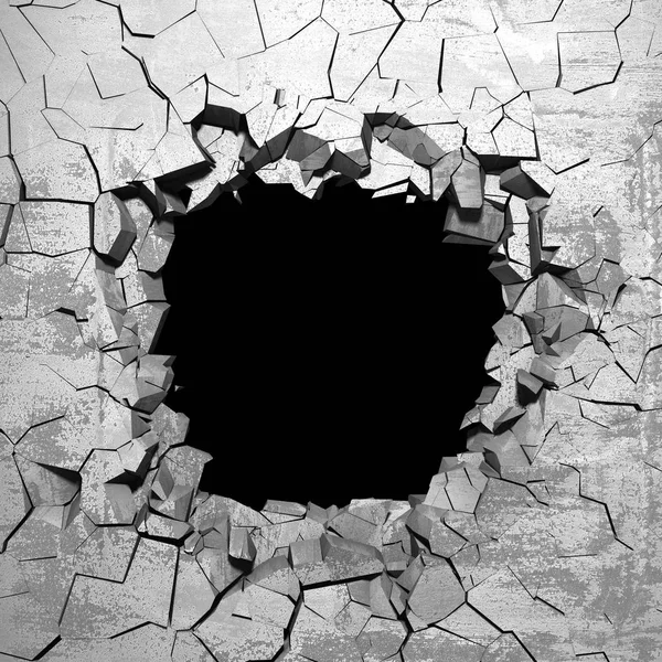 Buraco rachado escuro quebrado na parede de concreto — Fotografia de Stock