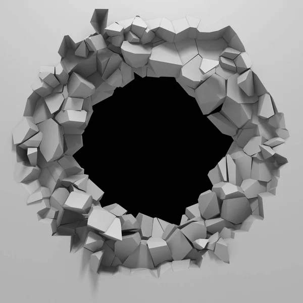 Buco incrinato distruzione scura in muro di pietra bianca — Foto Stock