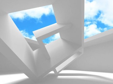 Bulutlu gökyüzü arka planda fütüristik beyaz mimari tasarım