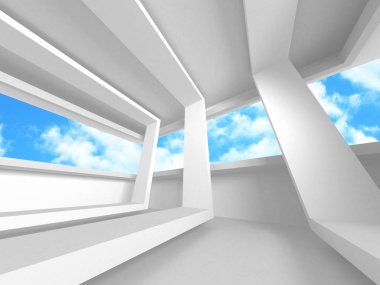 Bulutlu gökyüzü arka planda fütüristik beyaz mimari tasarım