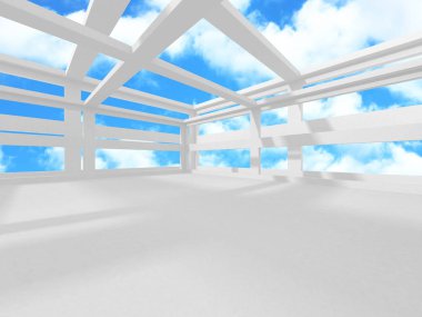 Bulutlu gökyüzü arka planda fütüristik beyaz mimari tasarım