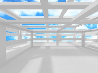 Bulutlu gökyüzü arka planda fütüristik beyaz mimari tasarım