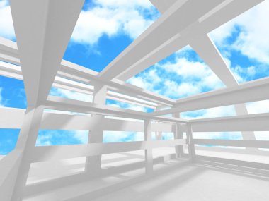 Bulutlu gökyüzü arka planda fütüristik beyaz mimari tasarım