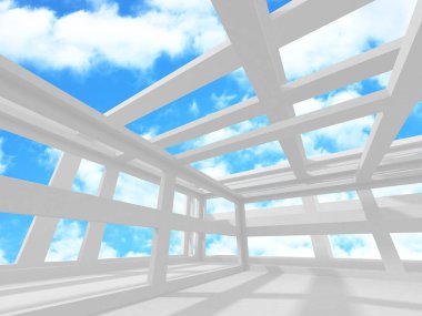 Bulutlu gökyüzü arka planda fütüristik beyaz mimari tasarım