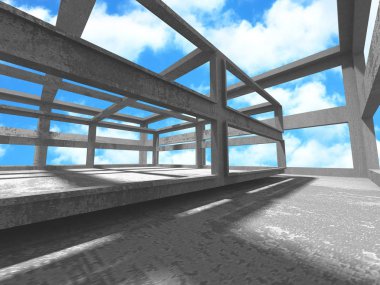 Bulutlu gökyüzü arka planda beton oda duvar inşaatı