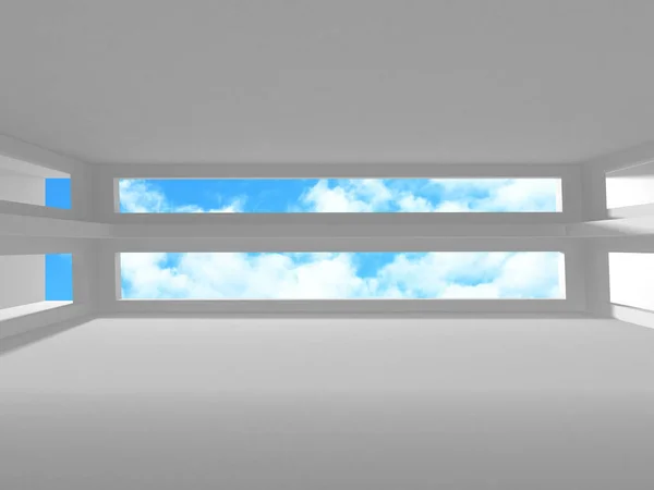 Futuristische witte architectuurontwerp op bewolkt hemel achtergrond — Stockfoto