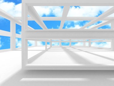 Bulutlu gökyüzü arka planda fütüristik beyaz mimari tasarım