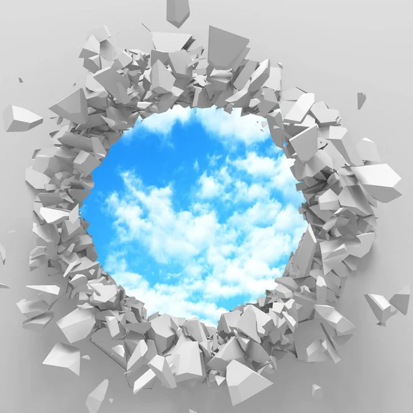 3d render illustration of racked broken hole in white wall to cloudy sky. Freedom concept