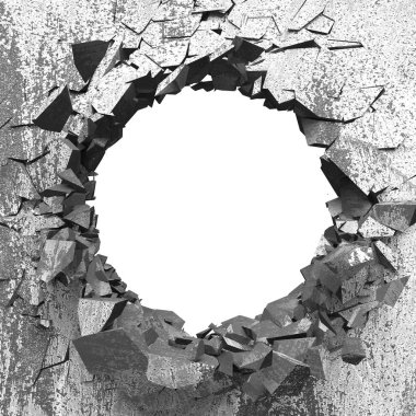 Beton duvarda koyu çatlak kırık delik 3d render illüstrasyon