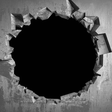 Beton duvarda koyu çatlak kırık delik 3d render illüstrasyon