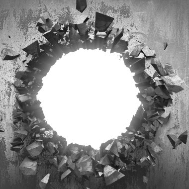 Beton duvarda koyu çatlak kırık delik 3d render illüstrasyon