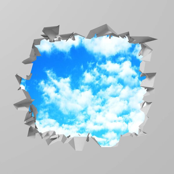 3d render illustration of racked broken hole in white wall to cloudy sky. Freedom concept 