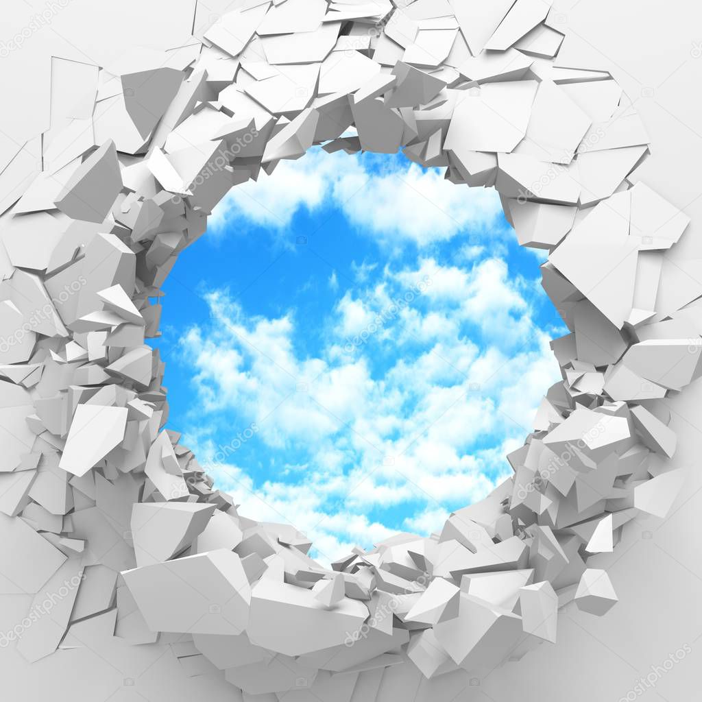 3d render illustration of racked broken hole in white wall to cloudy sky. Freedom concept 