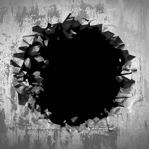 コンクリート壁に暗く割れた壊れた穴の3Dレンダリングイラスト — ストック写真
