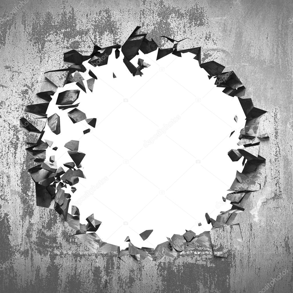 3d render illustration of dark cracked broken hole in concrete wall
