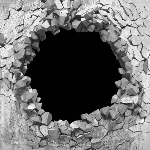 Buraco rachado de destruição escura na parede de pedra branca — Fotografia de Stock