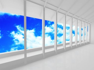 Bulutlu gökyüzü arka planda fütüristik beyaz mimari tasarım