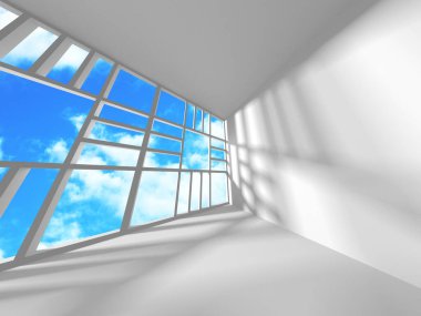 Bulutlu gökyüzü arka planda fütüristik beyaz mimari tasarım