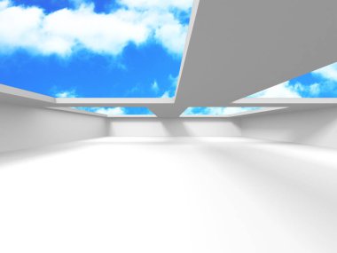 Bulutlu gökyüzü arka planda fütüristik beyaz mimari tasarım