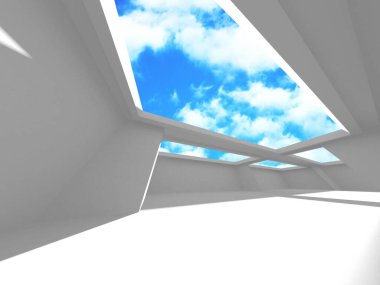 Bulutlu gökyüzü arka planda fütüristik beyaz mimari tasarım